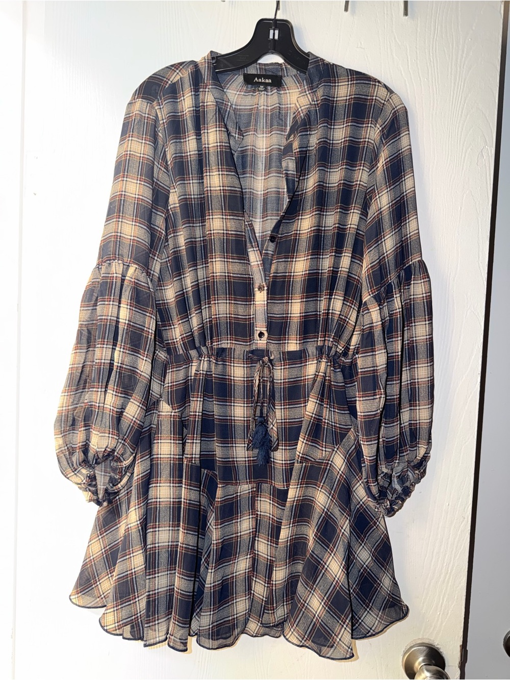 Aakaa Navy & Tan Plaid Button-Front Shirt Dress